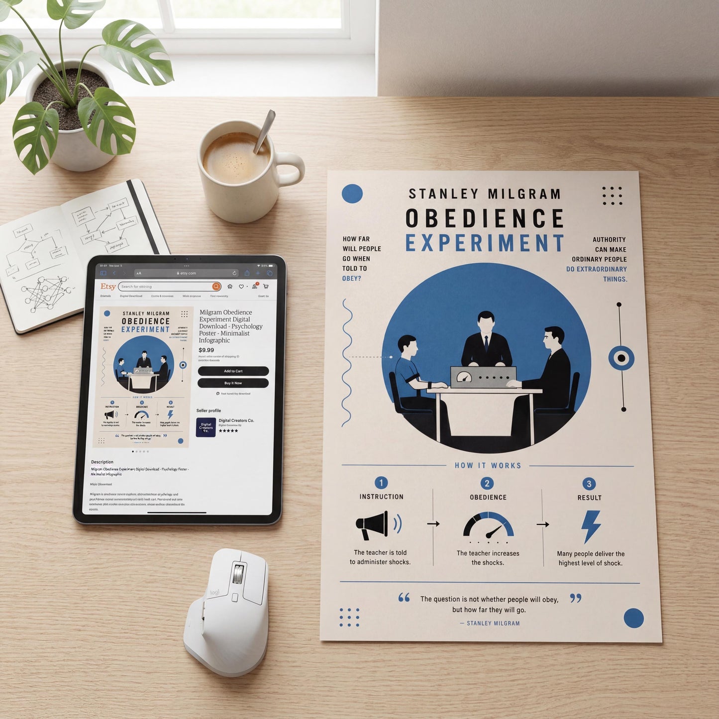 a desk with various items, including a tablet, a mouse, a coffee cup, a plant, and a poster or flyer. The poster or flyer is titled "Stanley Milgram Obedience Experiment" and includes a diagram and text explaining the experiment's procedures and results.