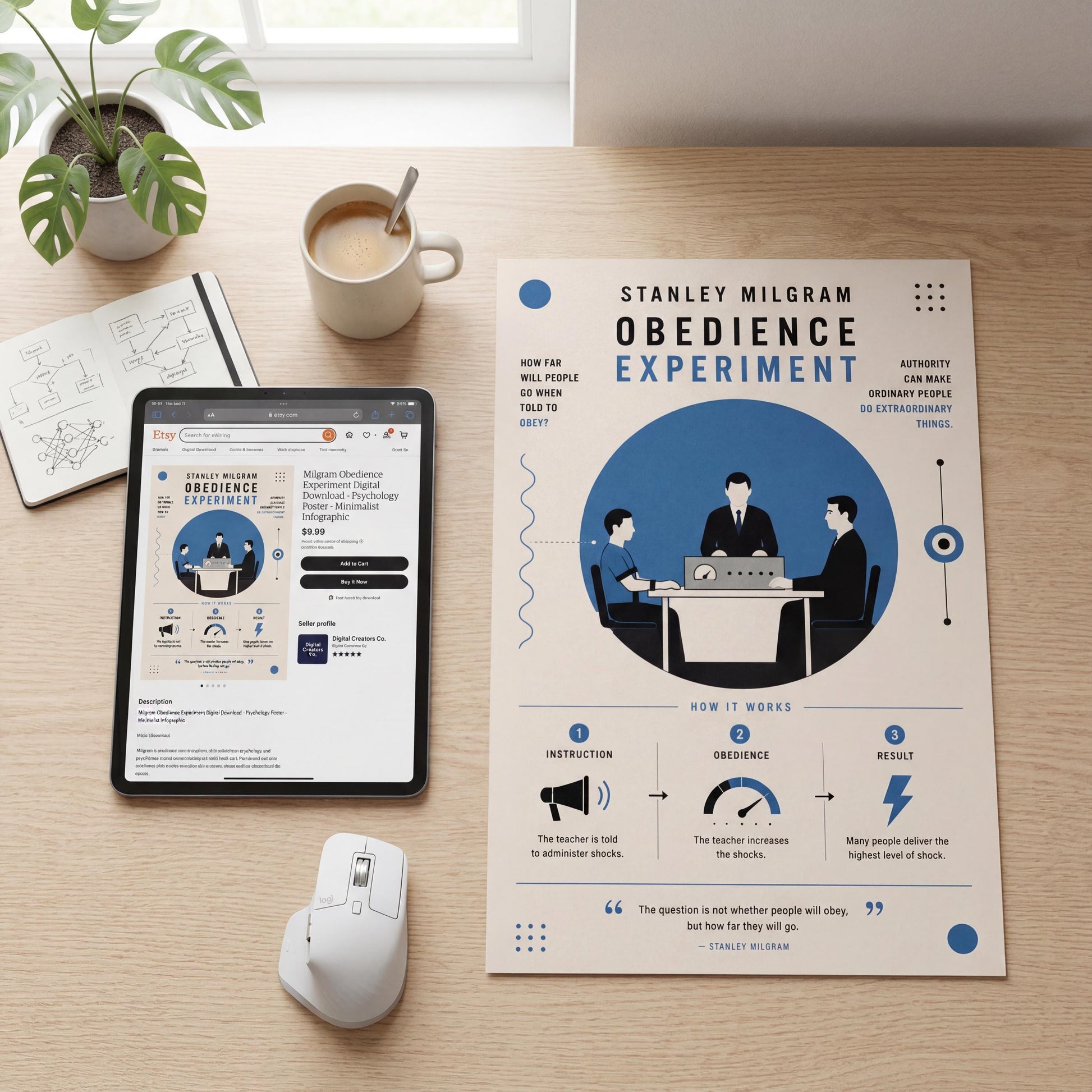 a desk with various items, including a tablet, a mouse, a coffee cup, a plant, and a poster or flyer. The poster or flyer is titled "Stanley Milgram Obedience Experiment" and includes a diagram and text explaining the experiment's procedures and results.