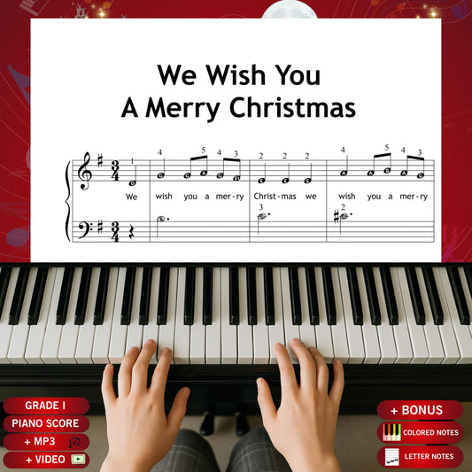 We Wish You a Merry Christmas by Traditional beginner piano sheet music PDF presents a cheerful Grade 1 arrangement with lyrics, giving young learners an easy-to-read festive melody in a clean printable digital format perfect for December practice.