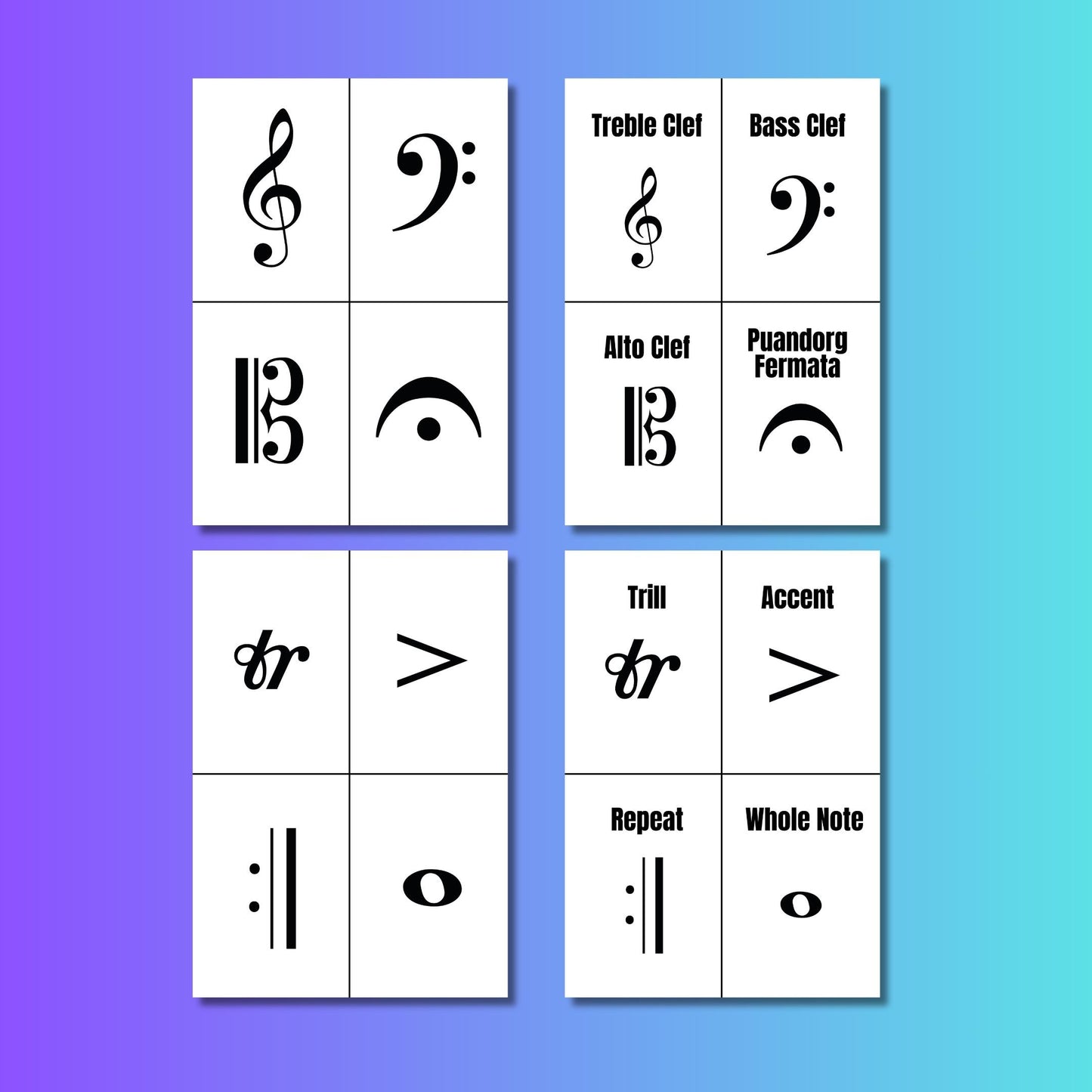 Musical Terms and Symbols Flash Cards printable PDF and PNG digital download, A4 classroom resource with clefs, notes, rests, dynamics, articulation, and time signatures, double-sided layout ready to print and cut, ideal for music teachers, piano lessons, and exam prep, high-resolution design suitable for laminating and daily classroom use.

Music Symbols Flash Cards for teachers and students, instant PDF and