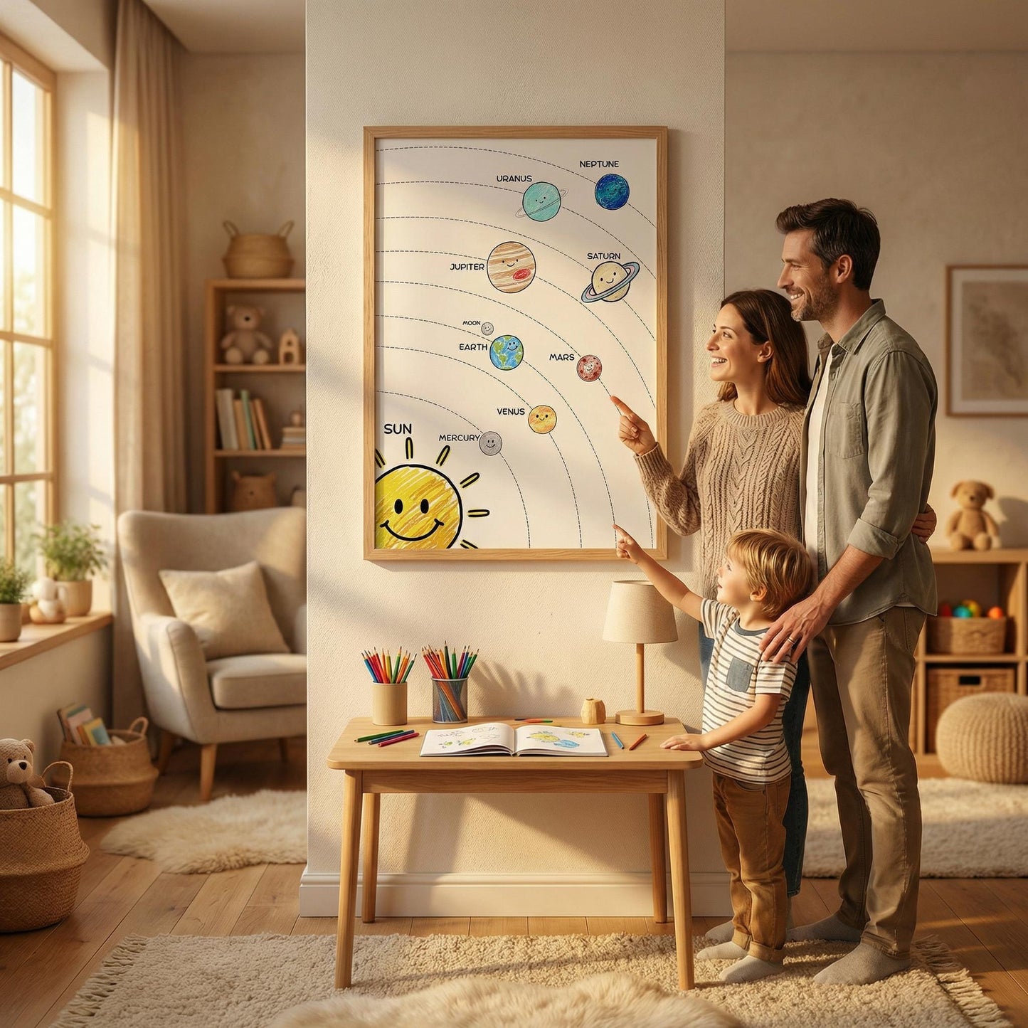 Solar System educational wall poster printable for classrooms and nurseries, offering both child-friendly planet illustrations and a realistic science-style diagram.