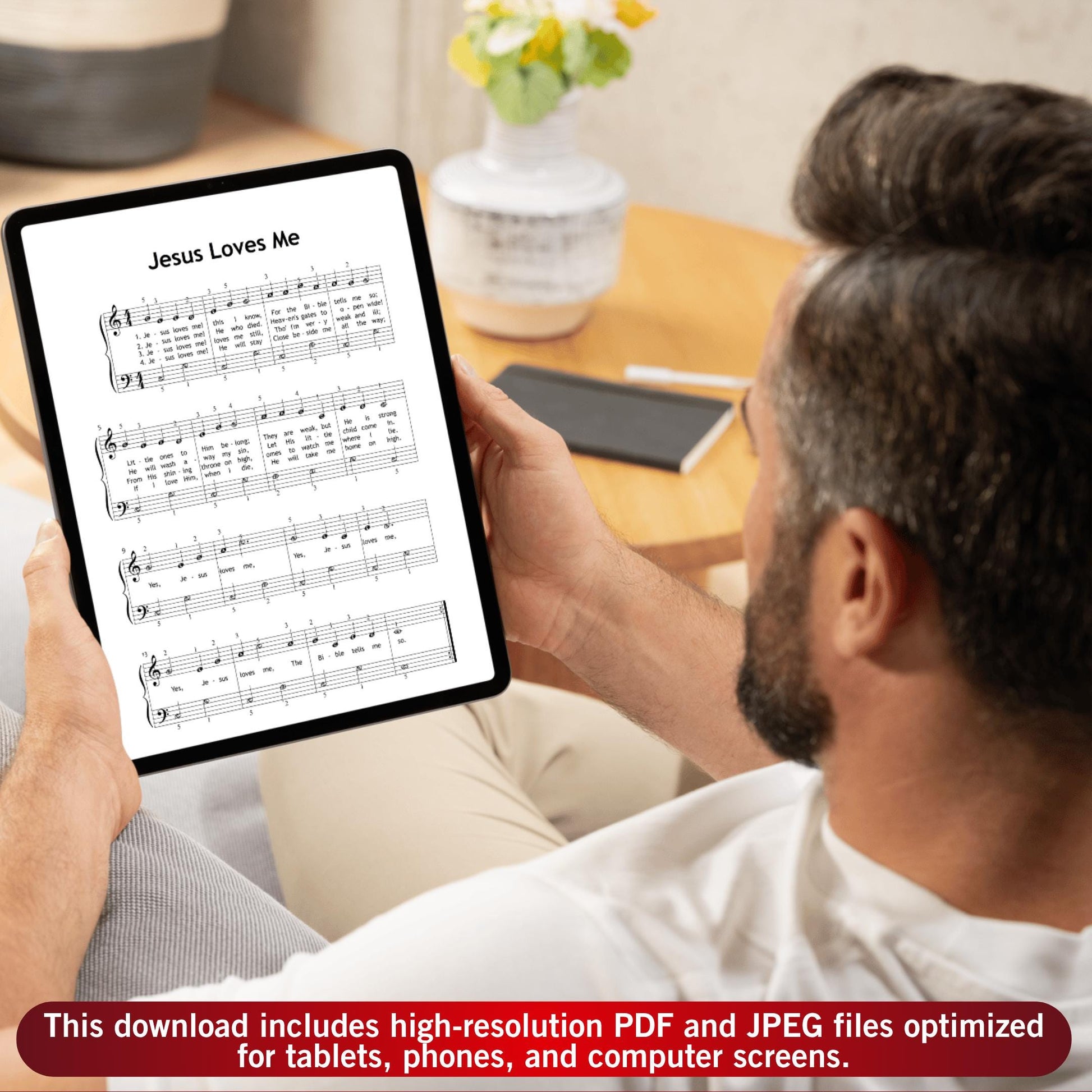 Jesus Loves Me by William B. Bradbury downloadable and simplified piano sheet music PDF designed for Christmas beginners, including clear lyrics, color notes, note names, and tablet-optimized PNGs for festive practice.