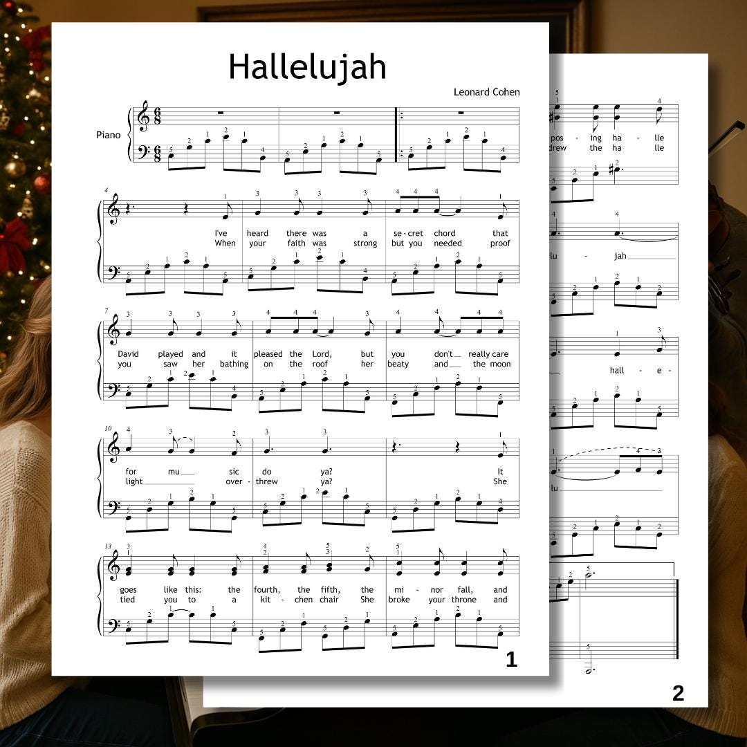Hallelujah by L. Cohen - Grade 5 Intermediate Piano Sheet Music PDF with Fingerings | Christmas + Bonus Flute, Violin, Clarinet, Choir
