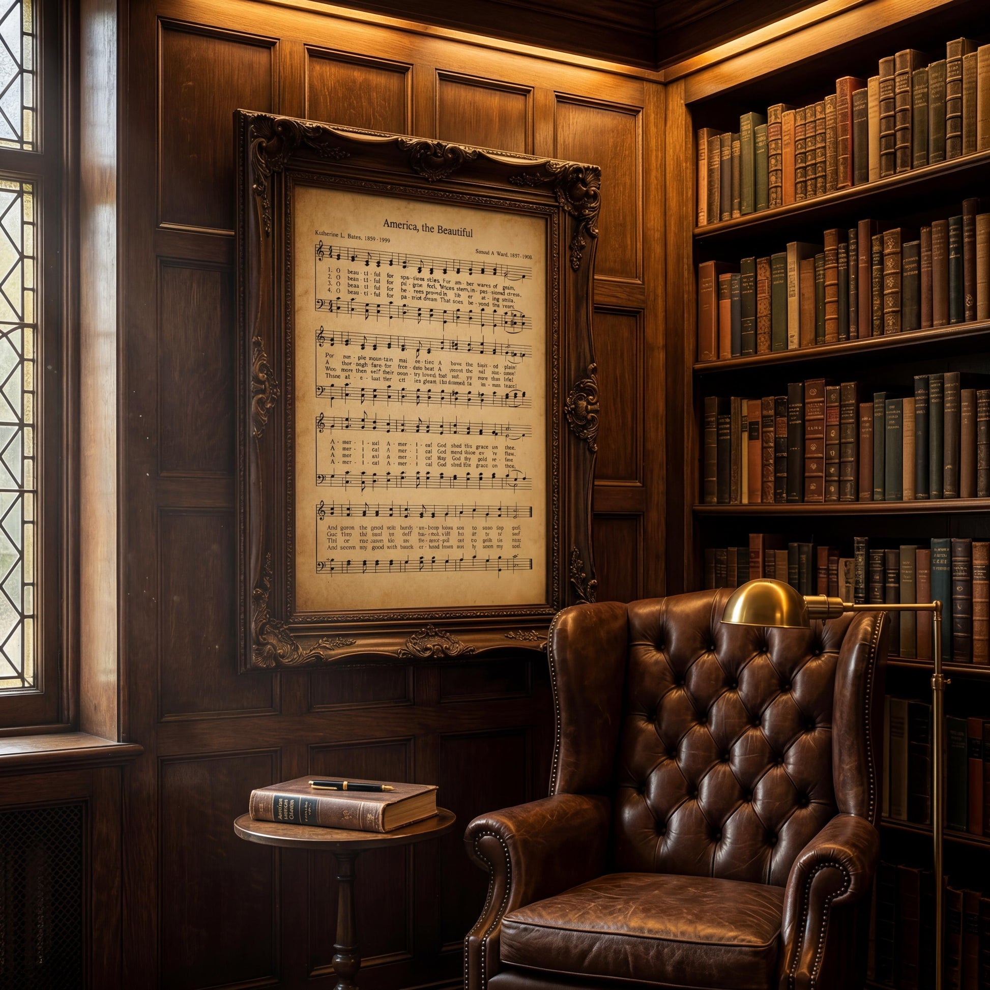a cozy and intellectual atmosphere, featuring a large framed sheet music piece hanging on a wooden wall, a leather armchair, a small side table, and a bookshelf filled with books.