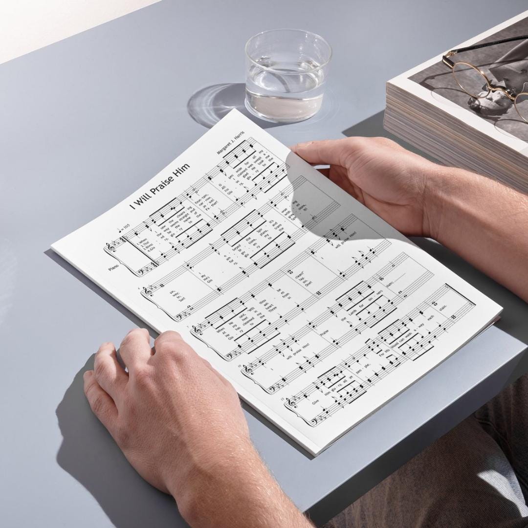 I Will Praise Him by Margaret J. Harris - downloadable and simplified piano sheet music PDF with MP3 part tracks for soprano, alto, tenor, and bass. Perfect for choir directors rehearsing each vocal section individually.
