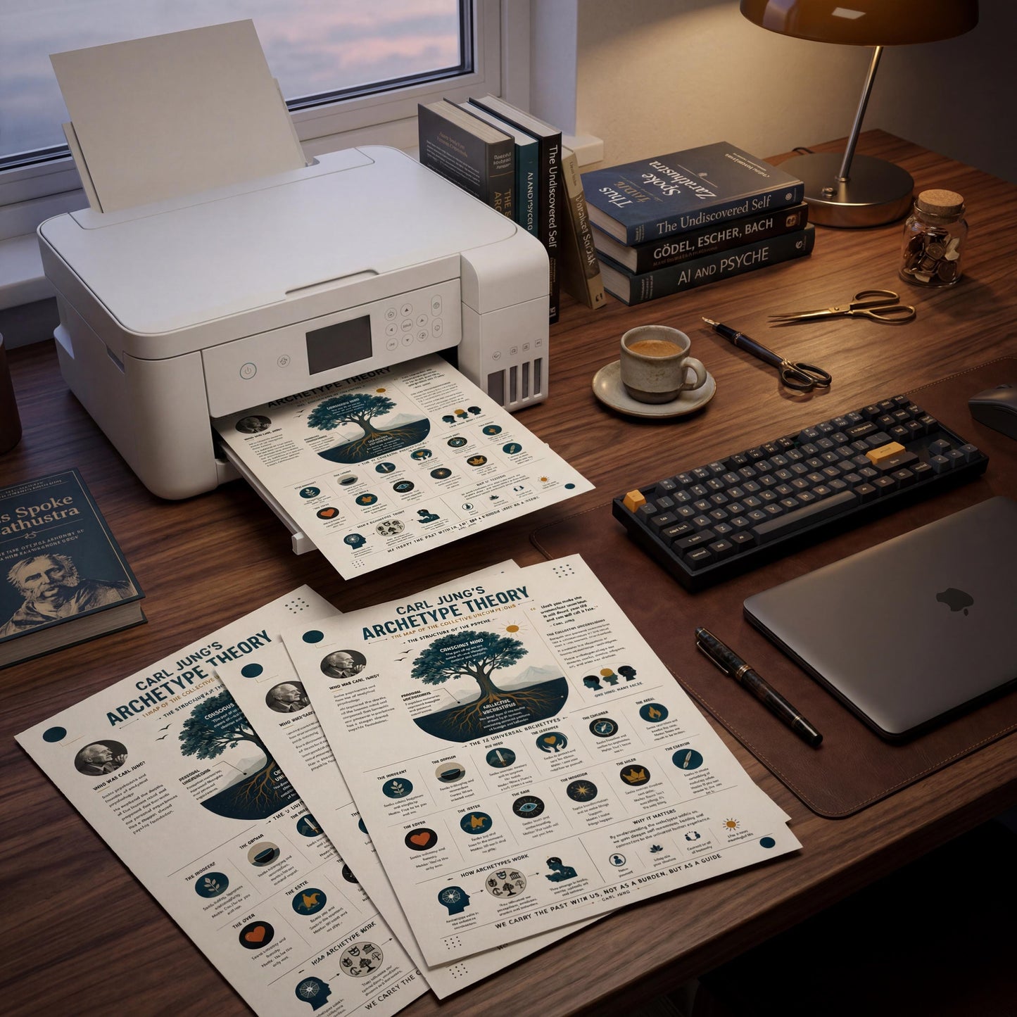a desk with various items, including a printer, books, a keyboard, a laptop, and a lamp. There are also two printed sheets of paper and a cup on the desk.
