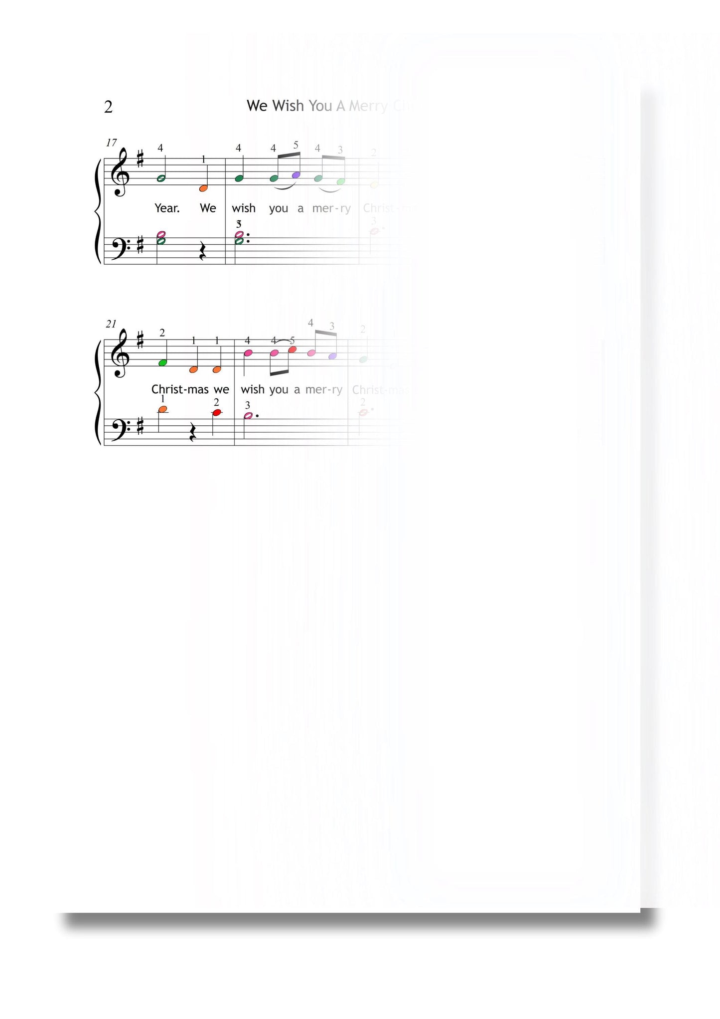We Wish You a Merry Christmas Grade 1 simplified piano sheet shown with headphones and tablet, printable and digital versions for students and teachers.
