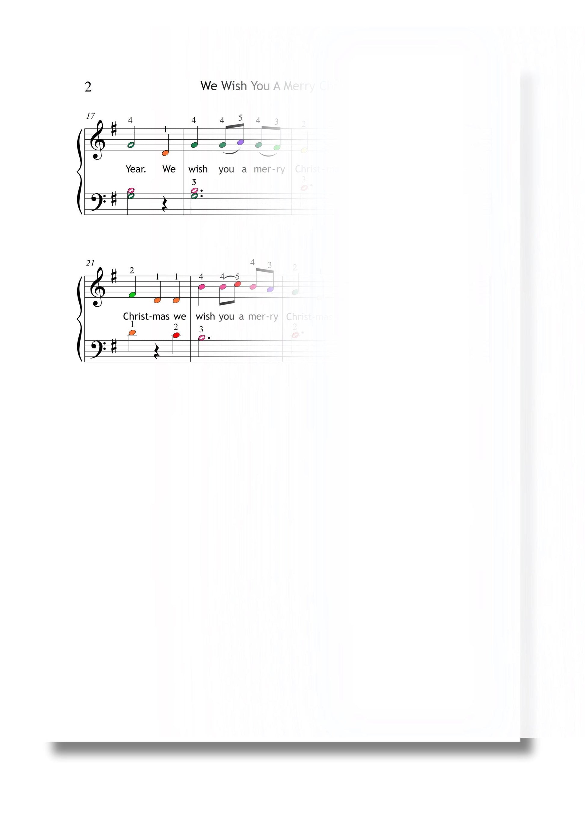 We Wish You a Merry Christmas Grade 1 simplified piano sheet shown with headphones and tablet, printable and digital versions for students and teachers.