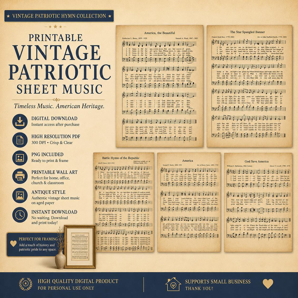The image is a vintage patriotic sheet music collection featuring sheet music for patriotic hymns. It includes sheet music for American patriotic songs, such as "The Star Spangled Banner" and "America, the Beautiful Country". The sheet music is available in print and digital formats, and it is a high-quality digital product. The image also includes a digital download option and a printable wall art option, making it a versatile and convenient resource for music enthusiasts.