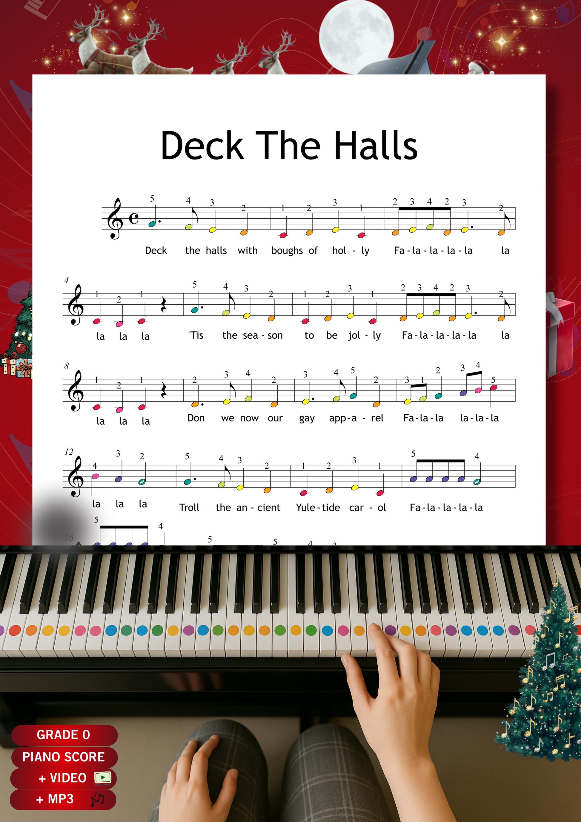 Advent Piano Calendar printable Christmas piano book with illustrated stories, color-coded notes, easy melodies, and QR code play-along links designed for joyful Advent practice on tablet or paper. We Wish You a Merry Christmas, Carol of the Bells, The First Noel, Adeste Fideles, For All the Saints, How Great Thou Art, O Holy Night, Once in Royal David’s City, Away in a Manger, What Child Is This, Silent Night