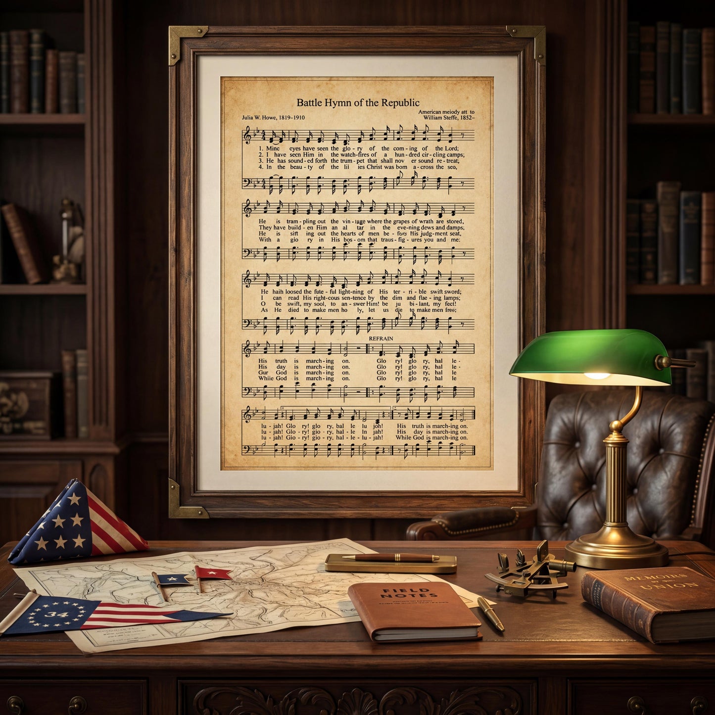 a framed sheet music of the Battle Hymn of the Republic, a vintage American sheet music, displayed on a wooden desk with a lamp, books, and an American flag.