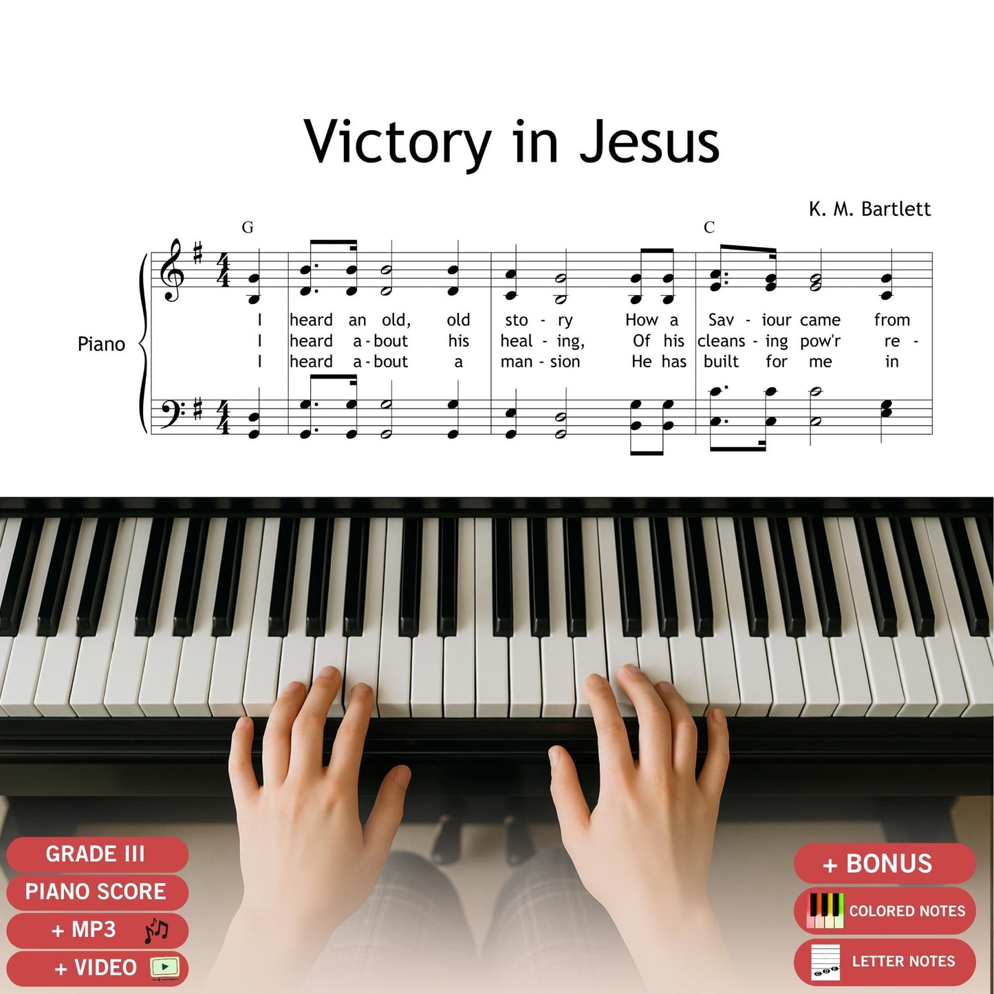 Victory in Jesus by K. M. Bartlett, SATB choir and piano sheet music PDF with full lyrics. A classic gospel hymn in G major, ideal for worship services, choir performances, and spiritual concerts. Features clear SATB vocal parts, piano accompaniment, and clean engraving. Perfect for church musicians, choir directors, and gospel events. Instant digital download, printable and tablet-ready.