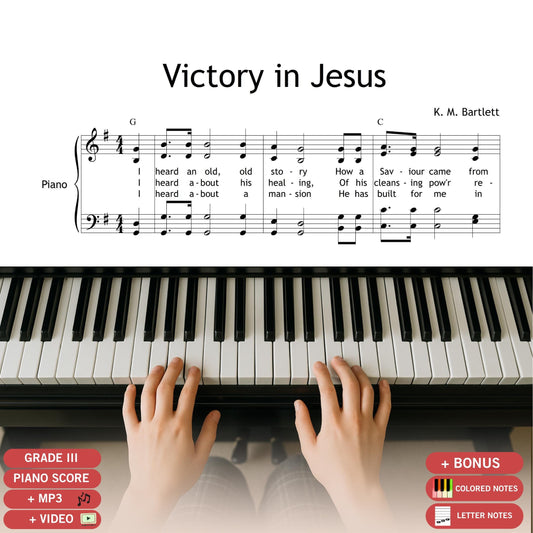 Victory in Jesus by K. M. Bartlett, SATB choir and piano sheet music PDF with full lyrics. A classic gospel hymn in G major, ideal for worship services, choir performances, and spiritual concerts. Features clear SATB vocal parts, piano accompaniment, and clean engraving. Perfect for church musicians, choir directors, and gospel events. Instant digital download, printable and tablet-ready.