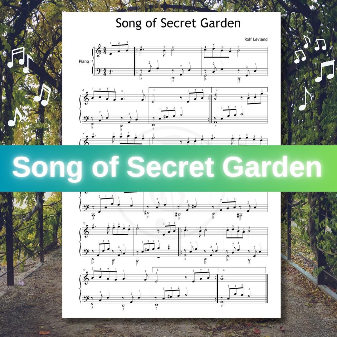 Song from a Secret Garden – Grade 3–4 piano sheet PDF for academic and expressive learning. Includes versions with note names, finger numbers, and color-coded notes. Bonus: violin or C instrument part for optional duet work.