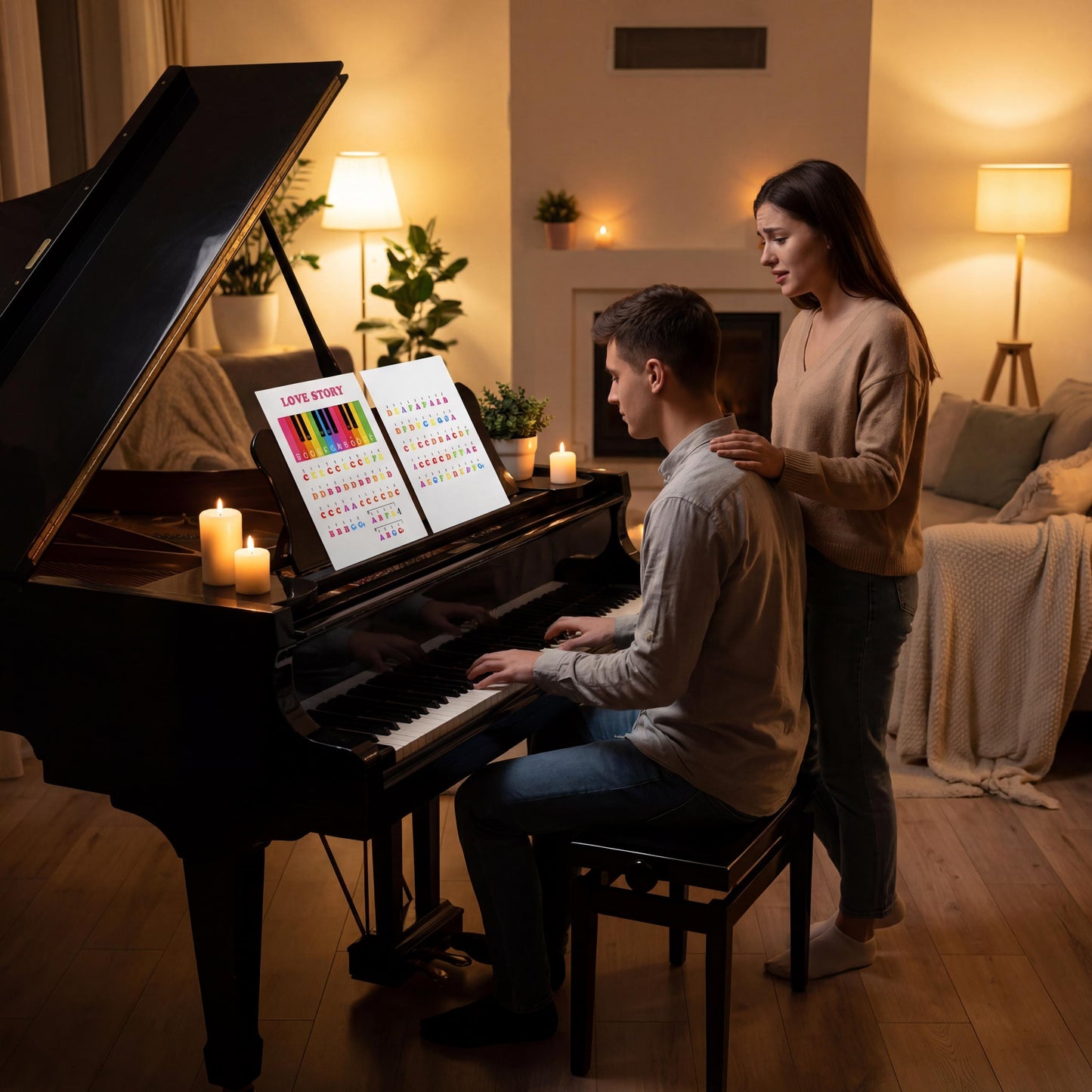 Beginner Love Story keyboard sheet music with oversized letter notes and color-coded keys, created for preschool and first-year piano students building finger independence and early coordination, delivered as an instant download PDF.