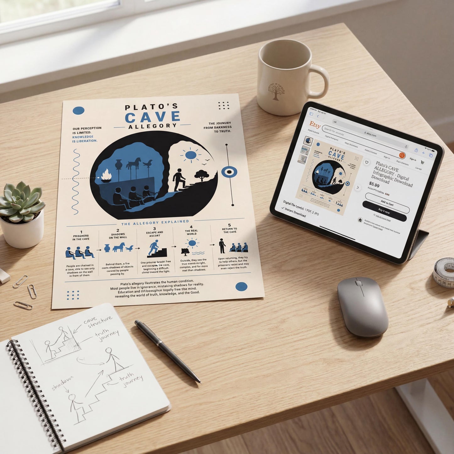 a desk with various items on it, including a laptop, a notebook, a pen, a mouse, and a plant. There is also a poster or flyer with information about the "Playo's Cave Allegory" and a website for the same.