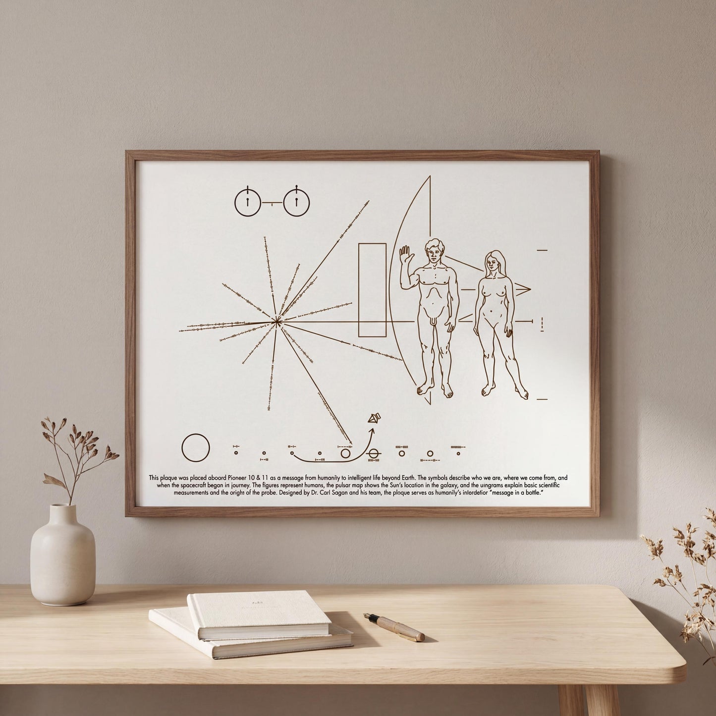 a framed poster or artwork hanging on a wall, depicting a man and a woman standing next to a spacecraft or telescope. The poster also includes text that provides information about the spacecraft or telescope, but the image contains no text.