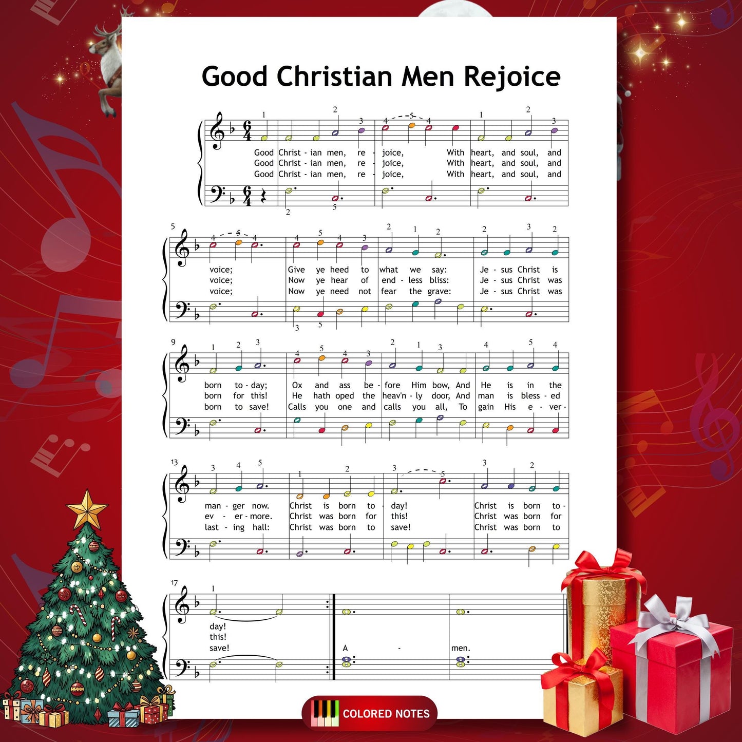 Good Christian Men, Rejoice by Traditional beginner piano sheet music PDF includes a printable digital score with lyrics and minimal hand movement, supporting young learners developing coordination and reading confidence.