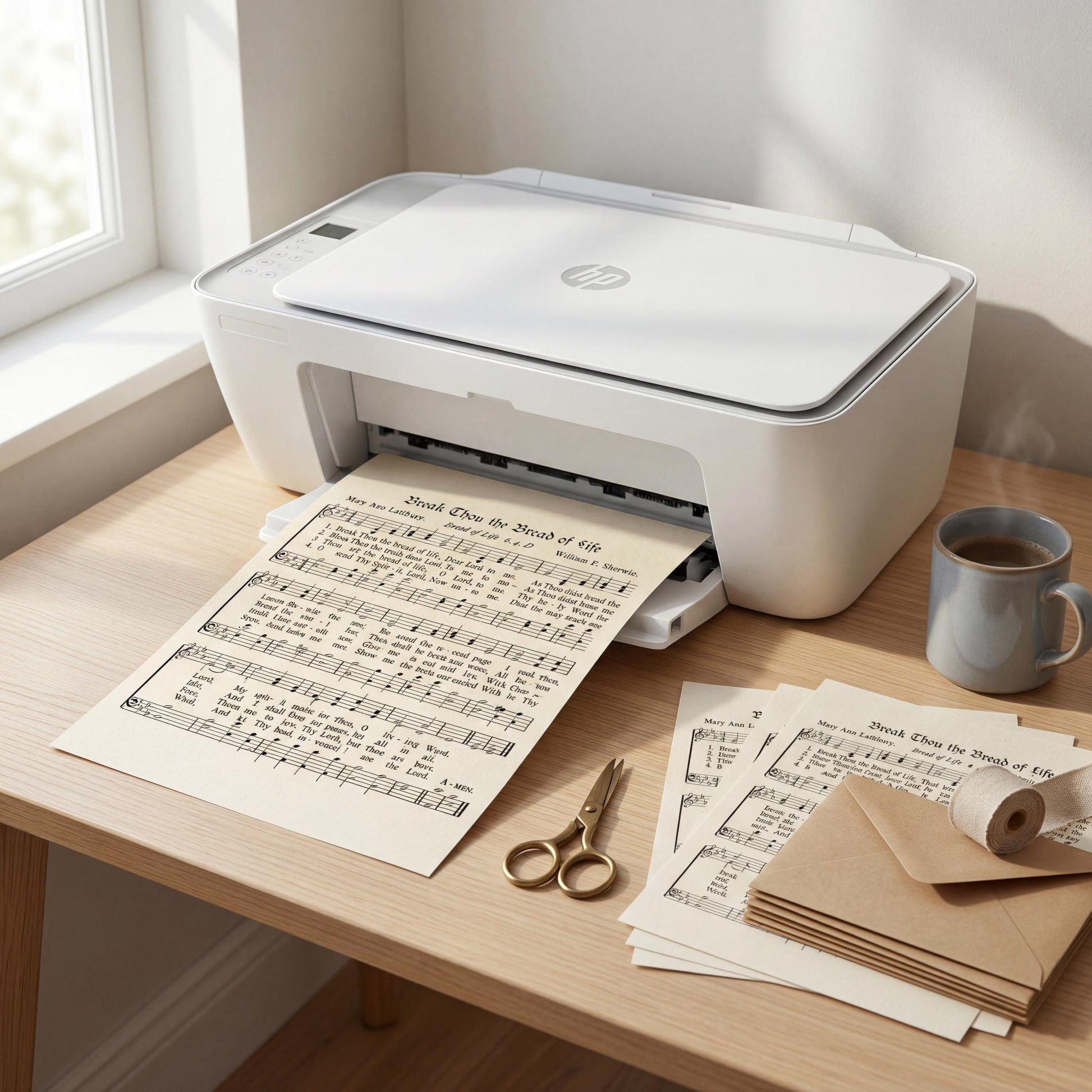 a printer on a wooden desk, with sheet music and envelopes nearby.