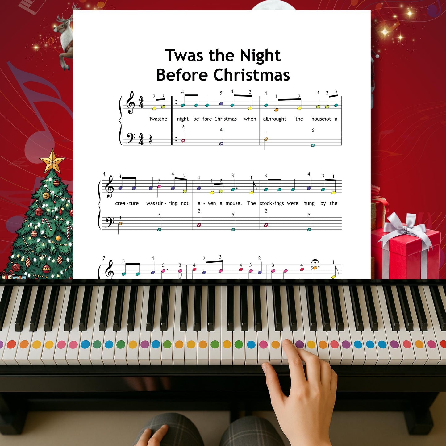 ’Twas the Night Before Christmas by Traditional beginner piano sheet music PDF features simplified notation with lyrics under the melody, helping beginners connect reading, rhythm and musical narration in festive practice.