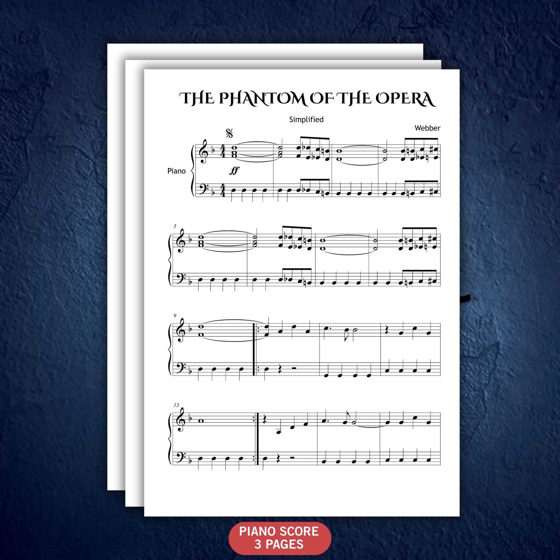 Andrew Lloyd Webber Phantom of the Opera beginner piano sheet music, Grade 1–2 simplified Halloween edition, professional PDF score with note-named and color-coded versions, plus MP3 and MP4.