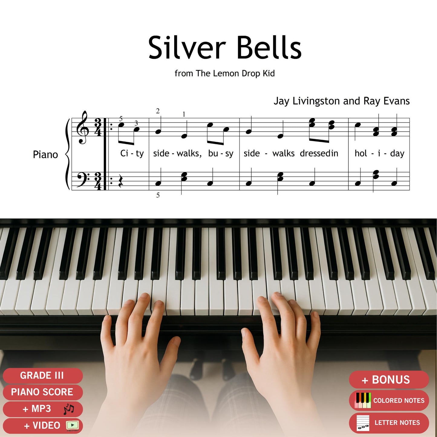 Silver Bells by Jay Livingston and Ray Evans, downloadable and simplified Christmas piano sheet music PDF with full lyrics. This Grade 3 arrangement is perfect for holiday recitals, sing-alongs, and festive performances. Designed for intermediate pianists, it features a clean layout, printable format, and classic holiday charm.
