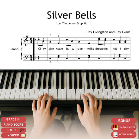 Silver Bells by Jay Livingston and Ray Evans, downloadable and simplified Christmas piano sheet music PDF with full lyrics. This Grade 3 arrangement is perfect for holiday recitals, sing-alongs, and festive performances. Designed for intermediate pianists, it features a clean layout, printable format, and classic holiday charm.