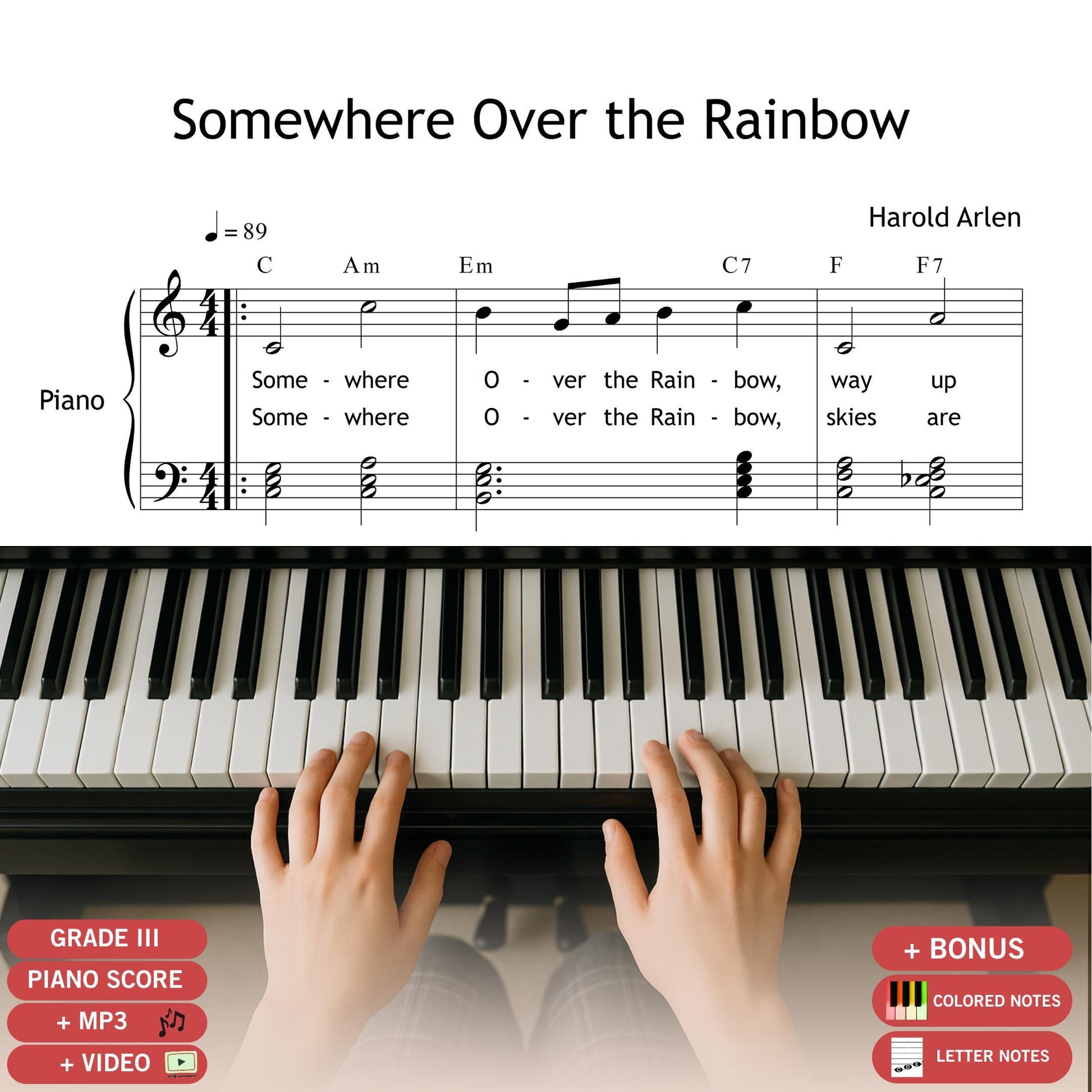 Somewhere Over the Rainbow, downloadable and simplified piano sheet music PDF with lyrics for Grade 3 pianists. This beloved movie classic is arranged for early intermediate level, perfect for school performances or personal enjoyment. Includes clean engraving, printable format, and sing-along text. Great for nostalgic learners and fans of vintage film songs.