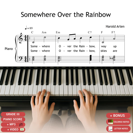Somewhere Over the Rainbow, downloadable and simplified piano sheet music PDF with lyrics for Grade 3 pianists. This beloved movie classic is arranged for early intermediate level, perfect for school performances or personal enjoyment. Includes clean engraving, printable format, and sing-along text. Great for nostalgic learners and fans of vintage film songs.
