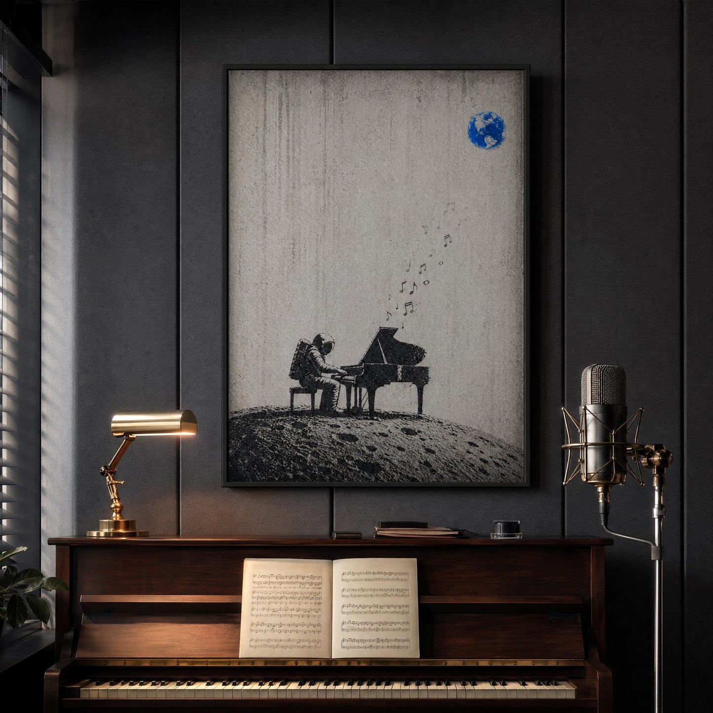 Astronaut Piano Wall Art – Minimalist Space Art | Black White Poster Digital Download
