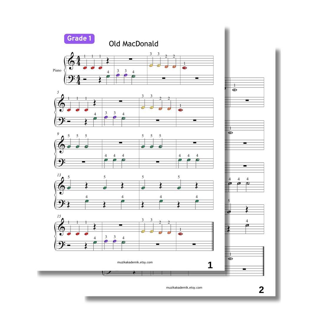 Old MacDonald Had a Farm - Grade 1 Simplified Easy Piano Sheet for Kids | Color Coded + Letter Notes + MP3 + Video - Nursery Rhymes