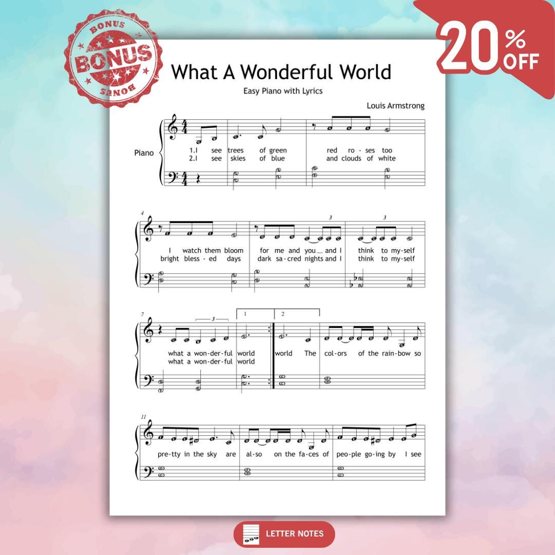 What a Wonderful World Louis Armstrong beginner piano sheet music simplified PDF download, Grade 2 arrangement with clear two-page layout, includes letter names on notes, color-coded version, printable PDF and tablet formats, MP3 play-along, and tutorial video, designed for lessons and family music making.