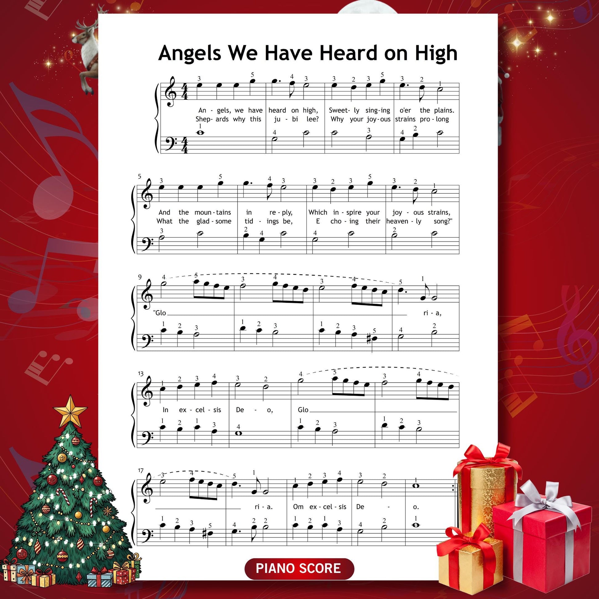 Angels We Have Heard on High by Traditional downloadable and simplified piano sheet music PDF crafted as a quick Christmas digital download blends Christmas gifts 2025 charm with printable worksheets, offering lyrics, finger numbers, note names and color-guided notation for smooth seasonal practice.