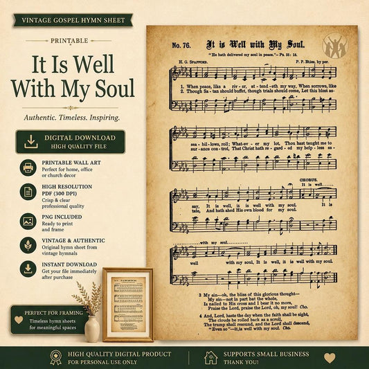 It Is Well With My Soul Vintage Hymn Sheet Music Printable | Antique Christian Wall Art PDF PNG | Gospel Decor Download