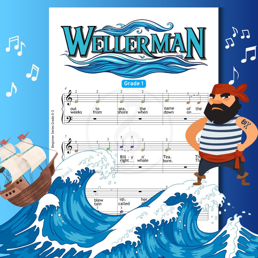 Wellerman - Grade 1 Simplified Easy Piano Sheet for Beginners | Sea Shanty PDF + Letter Notes + MP3 + Video + Color-Coded Kids Edition