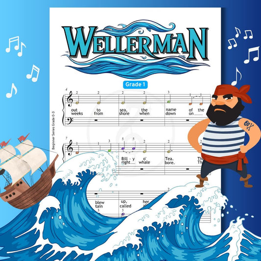 Wellerman - Grade 1 Simplified Easy Piano Sheet for Beginners | Sea Shanty PDF + Letter Notes + MP3 + Video + Color-Coded Kids Edition