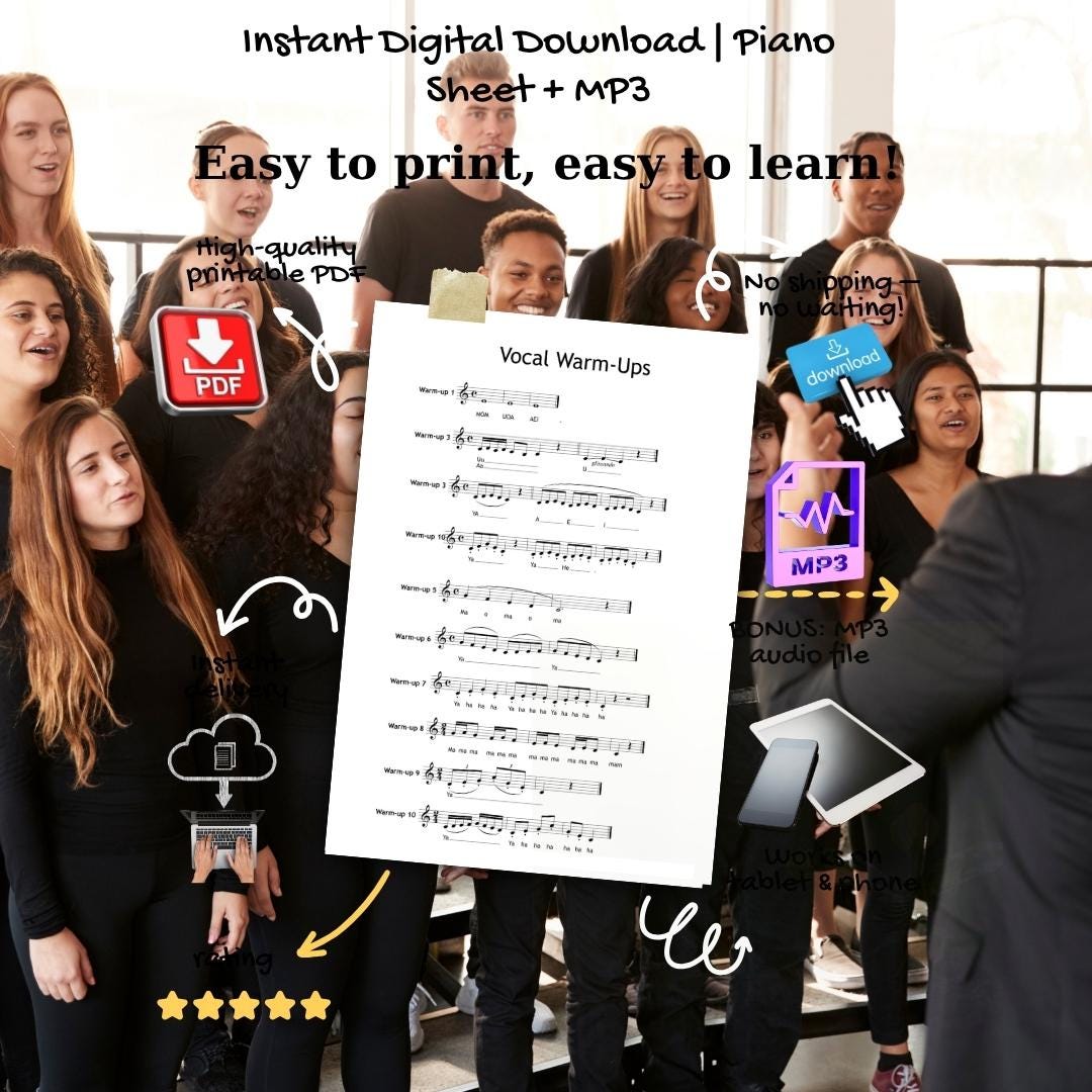 Vocal Warm-Ups structured exercise set, PDF file with 10 warm-ups plus MP3 piano audio, designed for singers at all levels, helpful for diction, breath management, and tone shaping, instantly available for download.

Vocal Warm-Ups 10-exercise PDF with piano audio, digital guide for choirs, classrooms, and individual vocalists, easy-to-use resource with clear instructions, interval and scale-based drills, and printable or tablet-friendly design.