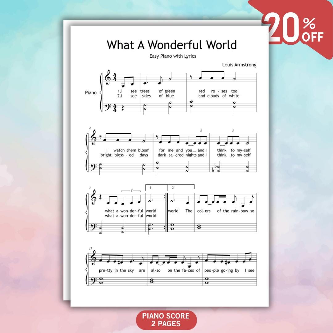 What a Wonderful World Louis Armstrong Grade 2 simplified piano sheet music PDF for easy piano learners, arranged with visual aids including letter notes and color-coded notes, printable high-resolution PDF and JPEG, plus MP3 audio and MP4 tutorial video, suitable for teachers, students, and home practice.