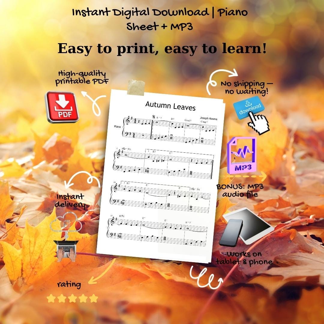 Autumn Leaves Piano Sheet - Grade 2-3 Intermediate Piano Music | Jazz Solo PDF & Video