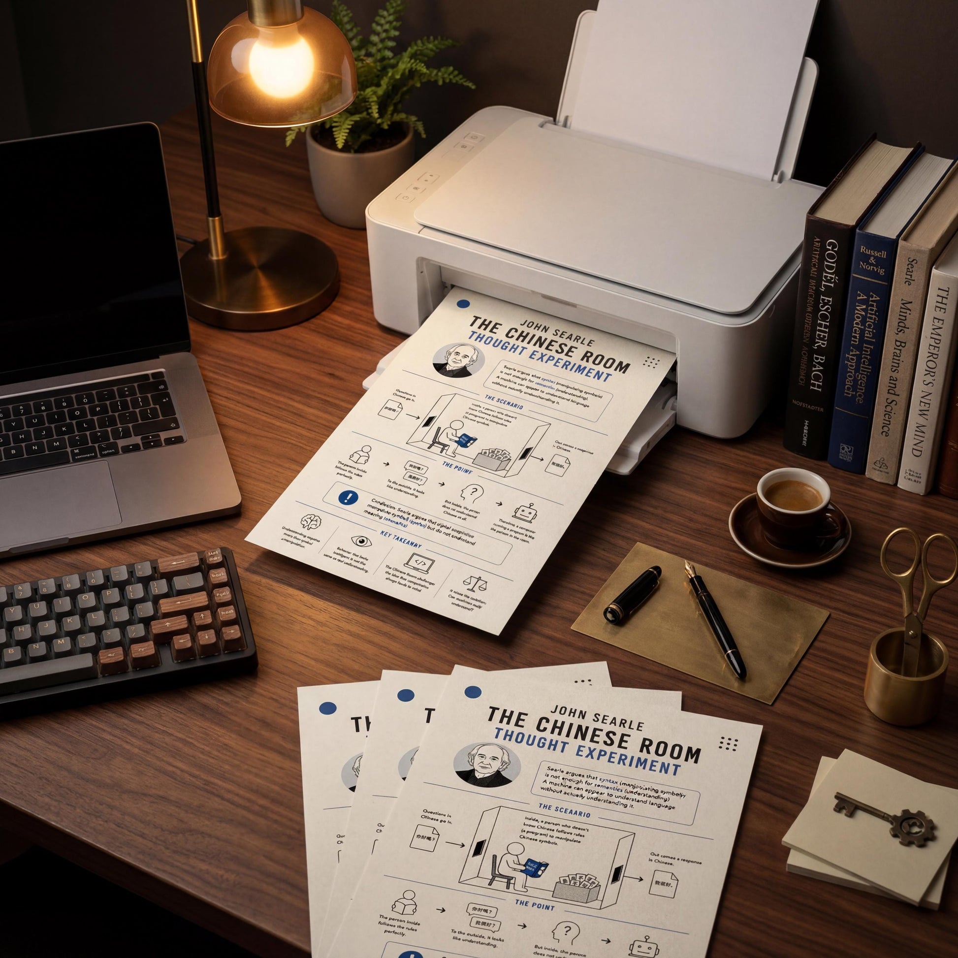a desk with various office supplies and items, including a laptop, printer, books, a keyboard, a cup, and a potted plant.