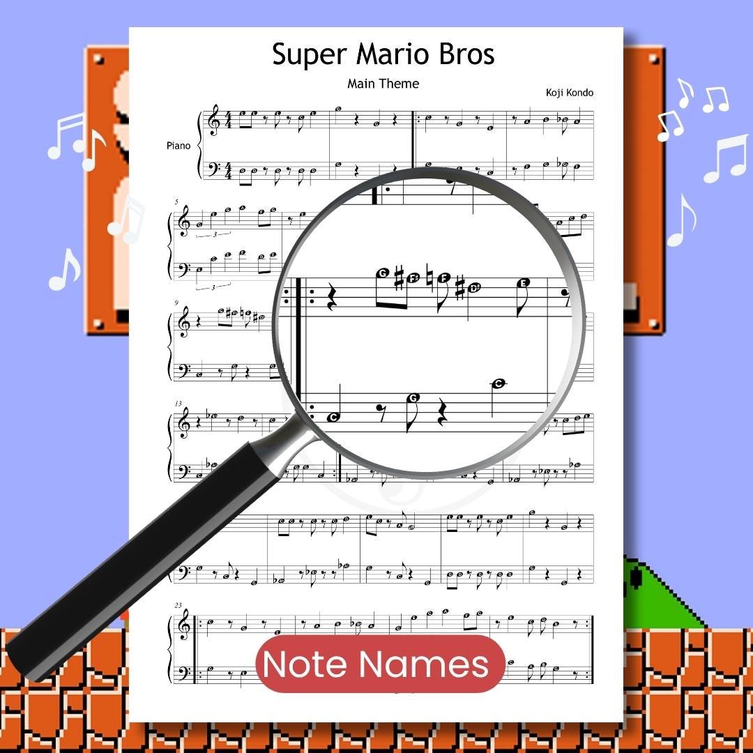 Zoomed-in view of the Super Mario Bros. sheet music with note names written directly on the notes, emphasizing this edition’s educational value for students who benefit from lettered notation.