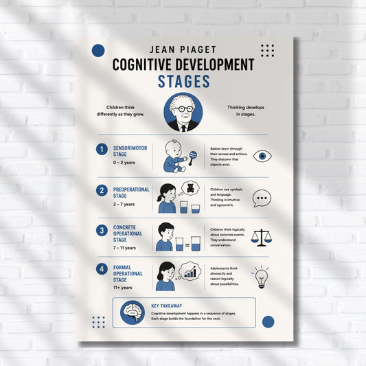 The image is a poster that illustrates Jean Piaget's cognitive development stages, with a blue and white color scheme. It features a series of illustrations depicting children at different stages of cognitive development, including a baby, a toddler, a child learning to read, and a child learning to think abstractly. The poster provides a visual representation of Piaget's theory, showing how children's thinking changes as they grow older.