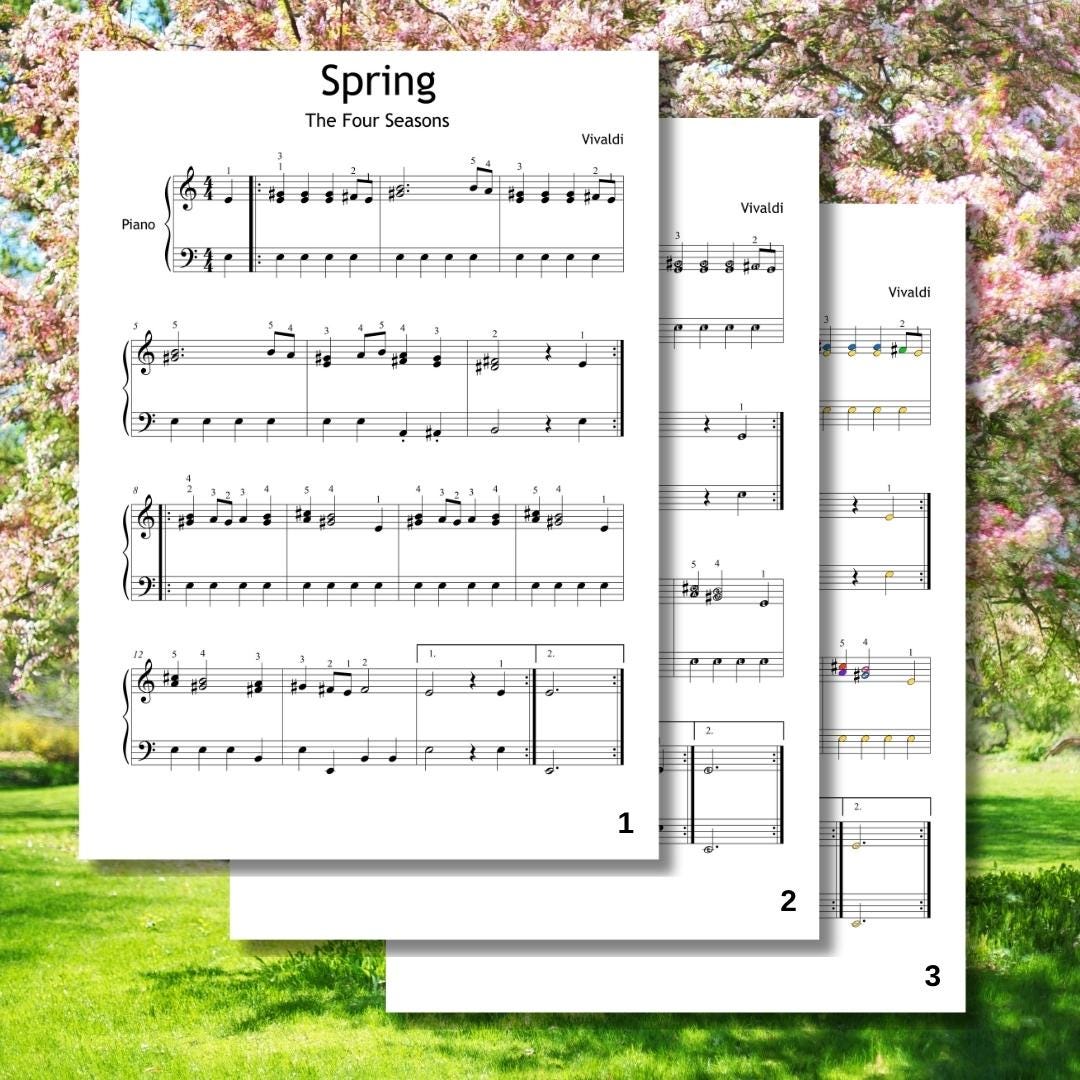 Vivaldi Spring Piano Grade 2 Sheet Music – Printable PDF, Video Tutorial & Color Note Piano