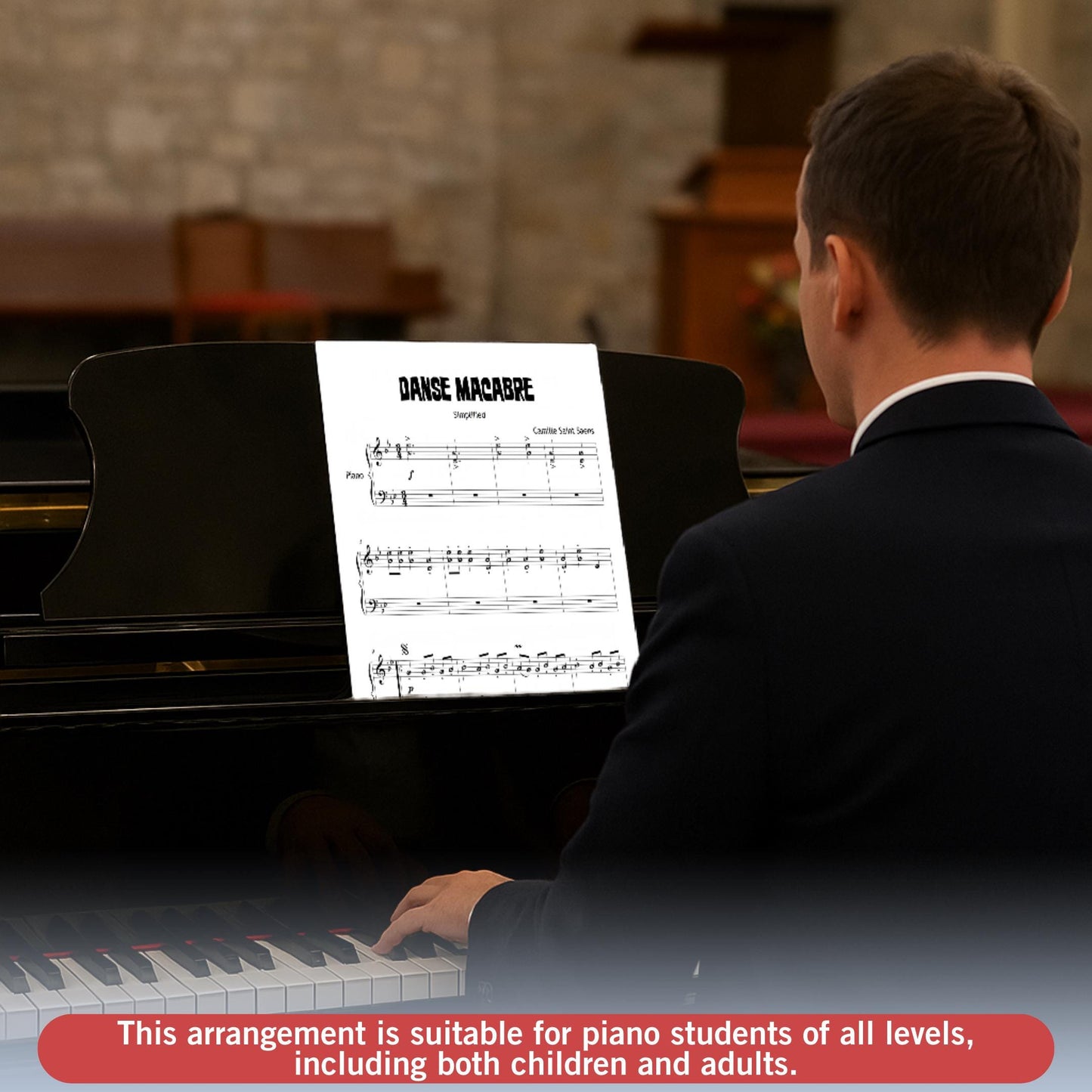 Beginner Halloween piano sheet Danse Macabre, Saint-Saëns Grade 1–2 simplified edition with printable PDF, note names, color notes, MP3 practice audio, and MP4 teaching video, tablet-friendly digital files.