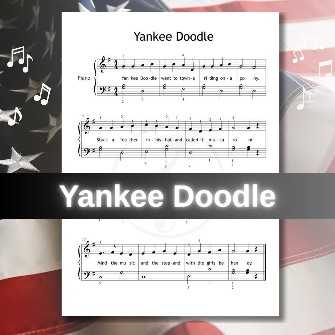 Yankee Doodle easy piano sheet music downloadable and simplified piano sheet music PDF for early learners, Grade 1–2 beginner version with note names, fingered edition, and color note alternative, includes MP3 play-along track, tutorial video, and printable formats for students, teachers, and parents at home.