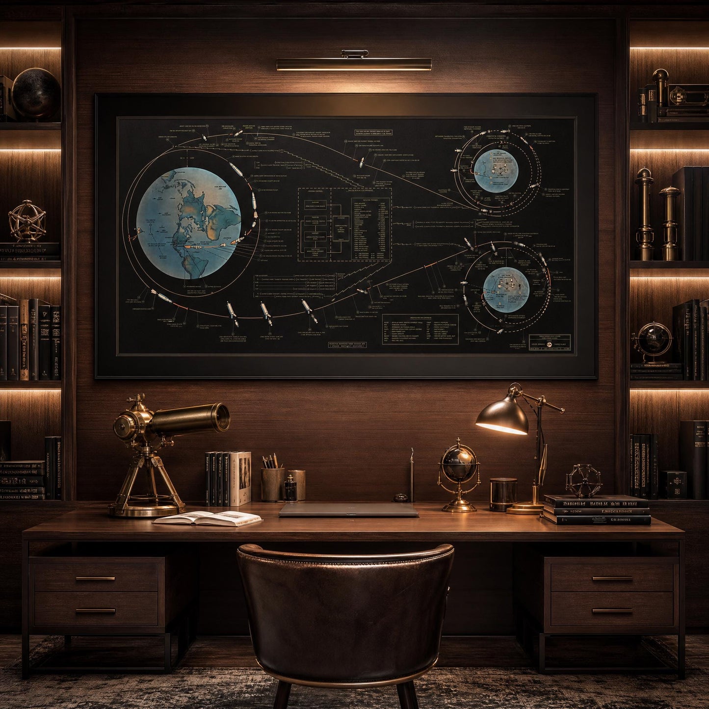 NASA Apollo 11 Lunar Landing panoramic poster printable with original mission map graphics, lunar sequence illustrations, and mid-century scientific design style