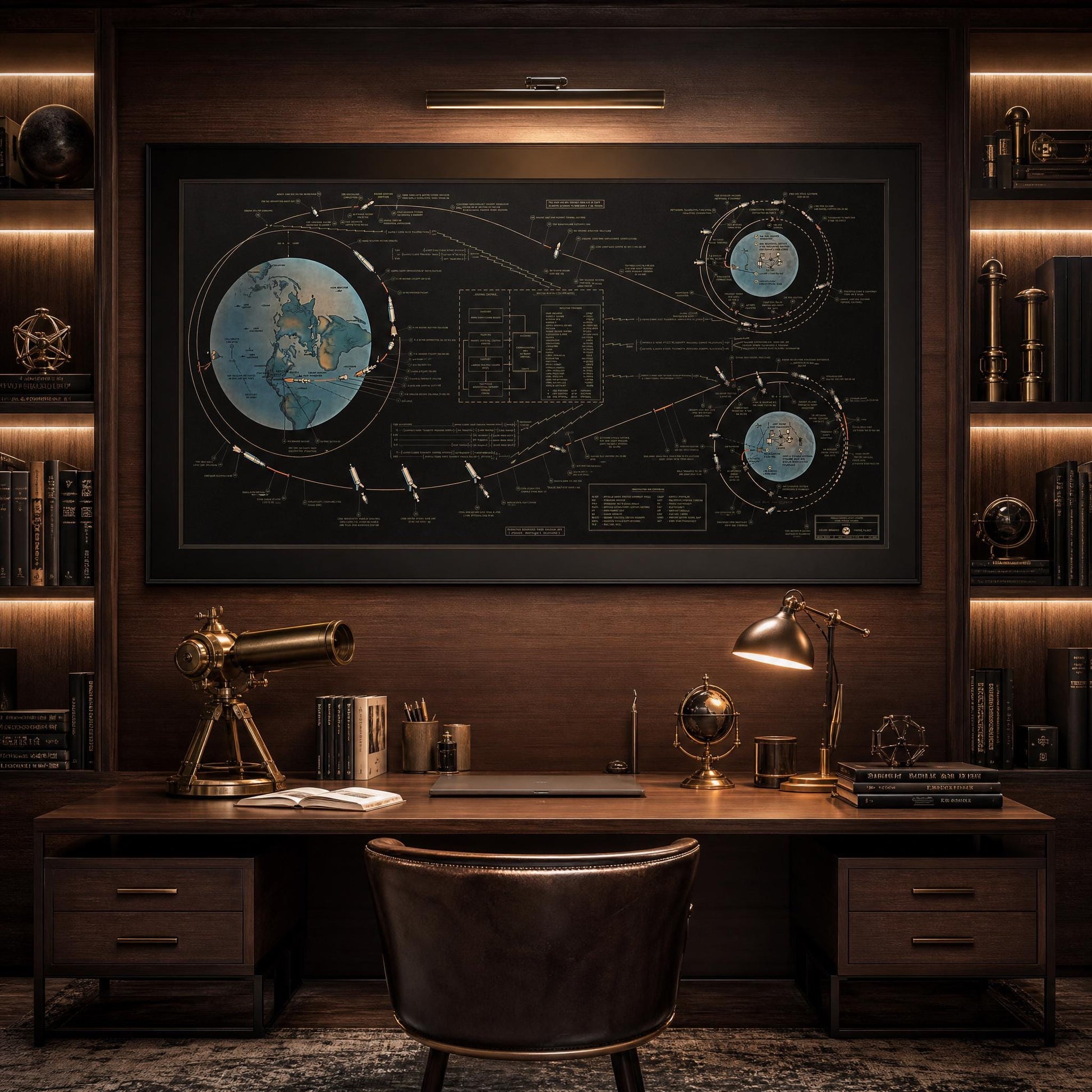 NASA Apollo 11 Lunar Landing panoramic poster printable with original mission map graphics, lunar sequence illustrations, and mid-century scientific design style