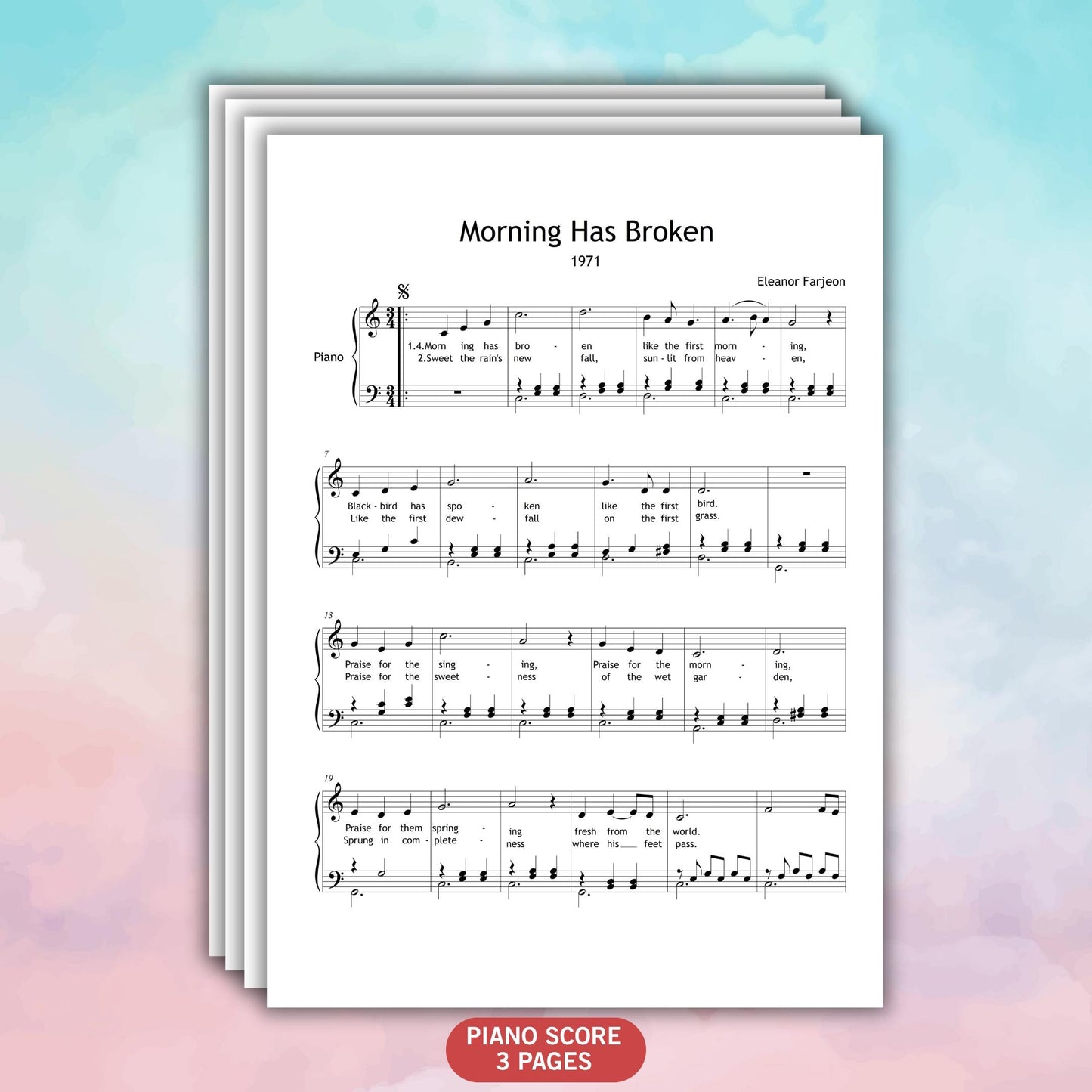 Morning Has Broken simplified piano score displayed on piano stand, Grade 2 edition with color and note names, perfect for lessons and morning recitals.