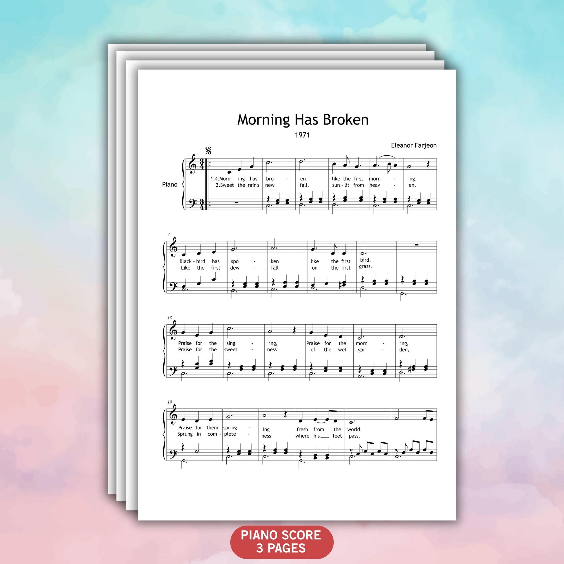 Morning Has Broken simplified piano score displayed on piano stand, Grade 2 edition with color and note names, perfect for lessons and morning recitals.