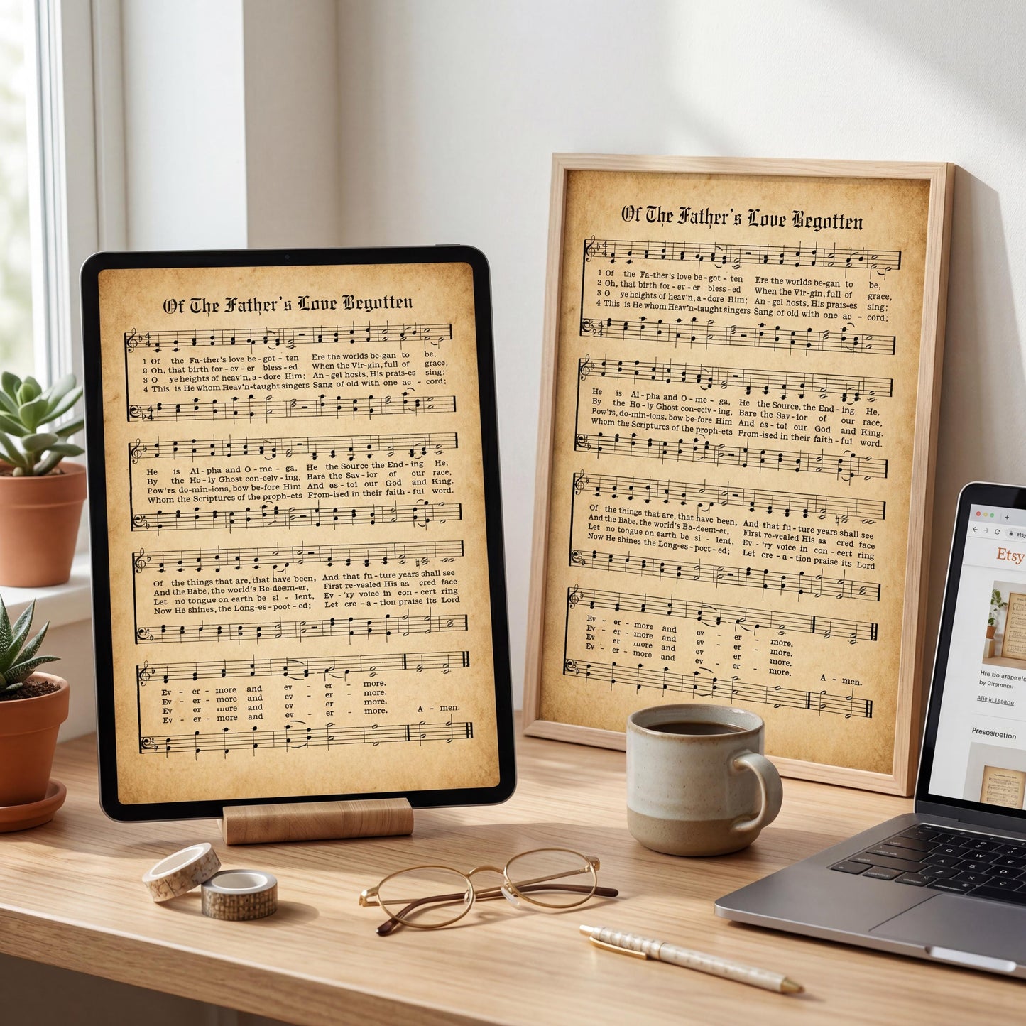 a wooden desk with various items on it, including a framed sheet of music, a laptop, a coffee cup, and a pair of glasses.